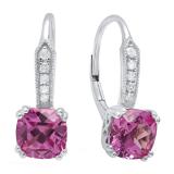 Sterling Silver 7 MM Each Lab Created Cushion Pink Sapphire & Round Diamond Ladies Drop Earrings