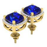 14K Yellow Gold 8 MM Each Cushion Lab Created Blue Sapphire & Round White Diamond Stud Earrings