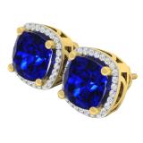 14K Yellow Gold 8 MM Each Cushion Lab Created Blue Sapphire & Round White Diamond Stud Earrings