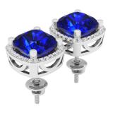 18K White Gold 8 MM Each Cushion Lab Created Blue Sapphire & Round White Diamond Stud Earrings