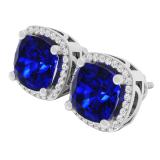 18K White Gold 8 MM Each Cushion Lab Created Blue Sapphire & Round White Diamond Stud Earrings