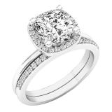 14K White Gold 7 MM Cushion Lab Created White Sapphire & Round Diamond Ladies Bridal Ring Set