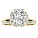14K Yellow Gold 7 MM Cushion Lab Created White Sapphire & Round Diamond Ladies Bridal Ring Set