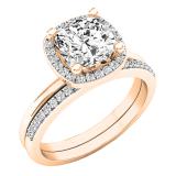 18K Rose Gold 7 MM Cushion Lab Created White Sapphire & Round Diamond Ladies Bridal Ring Set