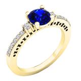 10K Yellow Gold 6 MM Round Lab Created Blue & White Sapphire And Diamond Ladies 3 Stone Ring