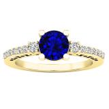 10K Yellow Gold 6 MM Round Lab Created Blue & White Sapphire And Diamond Ladies 3 Stone Ring