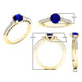 10K Yellow Gold 6 MM Round Lab Created Blue & White Sapphire And Diamond Ladies 3 Stone Ring