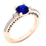 18K Rose Gold 6 MM Round Lab Created Blue & White Sapphire And Diamond Ladies 3 Stone Ring
