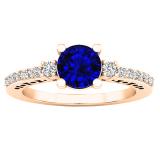 18K Rose Gold 6 MM Round Lab Created Blue & White Sapphire And Diamond Ladies 3 Stone Ring