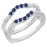 14K White Gold Round Lab Created Blue Sapphire & White Diamond Ladies Anniversary Band Double Ring