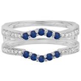 14K White Gold Round Lab Created Blue Sapphire & White Diamond Ladies Anniversary Band Double Ring