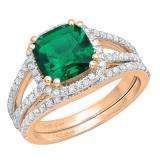 10K Rose Gold 8 MM Cushion Lab Created Emerald & Round Diamond Ladies Bridal Ring Set