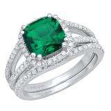 10K White Gold 8 MM Cushion Lab Created Emerald & Round Diamond Ladies Bridal Ring Set