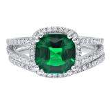 10K White Gold 8 MM Cushion Lab Created Emerald & Round Diamond Ladies Bridal Ring Set