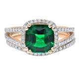 18K Rose Gold 8 MM Cushion Lab Created Emerald & Round Diamond Ladies Bridal Ring Set