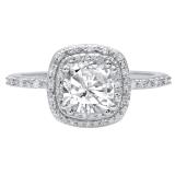 18K White Gold 6 MM Cushion Lab Created White Sapphire & Round Diamond Ladies Engagement Ring