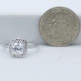 18K White Gold 6 MM Cushion Lab Created White Sapphire & Round Diamond Ladies Engagement Ring