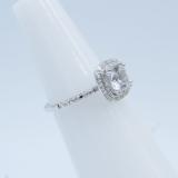 18K White Gold 6 MM Cushion Lab Created White Sapphire & Round Diamond Ladies Engagement Ring