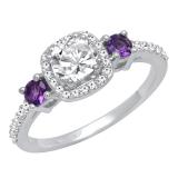 10K White Gold 5 MM Cushion Created White Sapphire Round Amethyst & Diamond Ladies Engagement Ring
