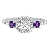 10K White Gold 5 MM Cushion Created White Sapphire Round Amethyst & Diamond Ladies Engagement Ring