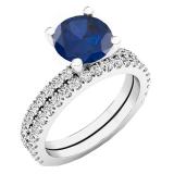 10K White Gold 7 MM Lab Created Round Blue Sapphire & White Diamond Bridal Engagement Ring sets