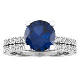 10K White Gold 7 MM Lab Created Round Blue Sapphire & White Diamond Bridal Engagement Ring sets