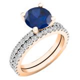 18K Rose Gold 7 MM Lab Created Round Blue Sapphire & White Diamond Bridal Engagement Ring Sets