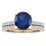 18K Rose Gold 7 MM Lab Created Round Blue Sapphire & White Diamond Bridal Engagement Ring Sets