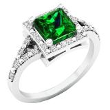 Sterling Silver 6 MM Princess Lab Created Emerald & Round White Diamond Ladies Engagement Ring