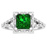 Sterling Silver 6 MM Princess Lab Created Emerald & Round White Diamond Ladies Engagement Ring
