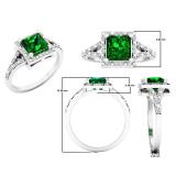 Sterling Silver 6 MM Princess Lab Created Emerald & Round White Diamond Ladies Engagement Ring