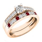 18K Rose Gold Round Lab Created Ruby & White Diamond Ladies Bridal Wedding Ring Set