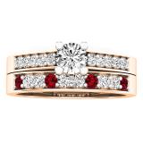18K Rose Gold Round Lab Created Ruby & White Diamond Ladies Bridal Wedding Ring Set