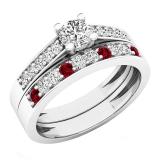 18K White Gold Round Lab Created Ruby & White Diamond Ladies Bridal Wedding Ring Set