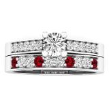 18K White Gold Round Lab Created Ruby & White Diamond Ladies Bridal Wedding Ring Set