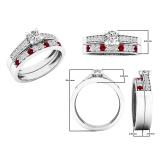18K White Gold Round Lab Created Ruby & White Diamond Ladies Bridal Wedding Ring Set
