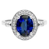 14K White Gold 9X7 MM Oval Lab Created Blue Sapphire & Round Diamond Bridal Engagement Ring