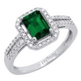7x5mm Emerald Shape Lab Created Emerald & Round White Diamond Halo Engagement Ring for Women in 10K White Gold