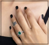 7x5mm Emerald Shape Lab Created Emerald & Round White Diamond Halo Engagement Ring for Women in 10K White Gold
