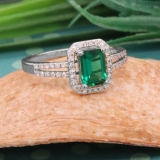 7x5mm Emerald Shape Lab Created Emerald & Round White Diamond Halo Engagement Ring for Women in 10K White Gold