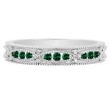 10K White Gold Round Lab Created Emerald & Diamond Ladies Vintage Stackable Wedding Band