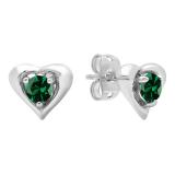 4 mm Round Lab Created Emerald Ladies Heart Stud Earrings Sterling Silver