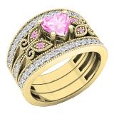 6mm Heart & Round Shape Lab Created Gemstone & Round Cubic Zirconia Metal Beaded Style Anniversary Ring Set For Women 10K Yellow Gold