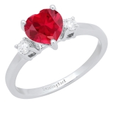 7 MM Heart Lab Created Ruby & Round White Diamond 3 Stone Wedding Ring for Her | 18K White Gold