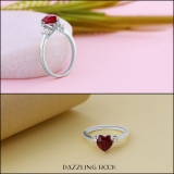 7 MM Heart Lab Created Ruby & Round White Diamond 3 Stone Wedding Ring for Her | 18K White Gold