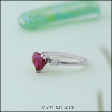 7 MM Heart Lab Created Ruby & Round White Diamond 3 Stone Wedding Ring for Her | 18K White Gold