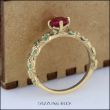 14K Yellow Gold 5.5 MM Round Lab Created Ruby & Natural Emerald Ladies Bridal Engagement Leaf Ring