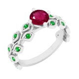 18K White Gold 5.5 MM Round Lab Created Ruby & Natural Emerald Ladies Bridal Engagement Leaf Ring