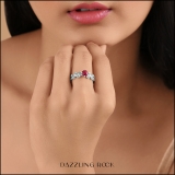 18K White Gold 5.5 MM Round Lab Created Ruby & Natural Emerald Ladies Bridal Engagement Leaf Ring