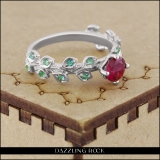 18K White Gold 5.5 MM Round Lab Created Ruby & Natural Emerald Ladies Bridal Engagement Leaf Ring